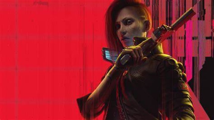 Cyberpunk 2077: V holding a pistol while sitting on a metro car.